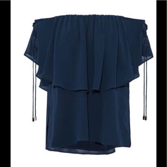Off the Shoulder Chiffon Top with Lace up Detail. - Picture 4 of 4
